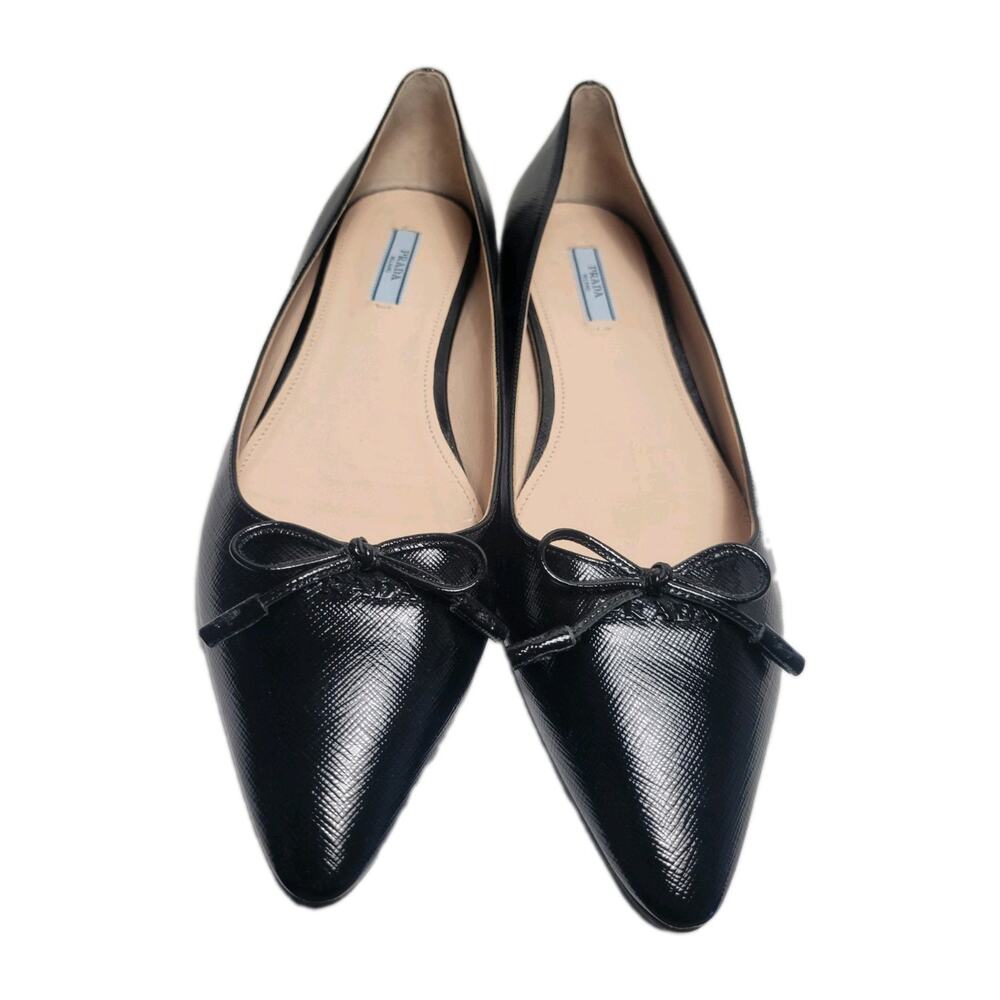 Prada Saffiano Leather Ballet Flats Black Pointed Toe Bow EU 40.5/US 9.5